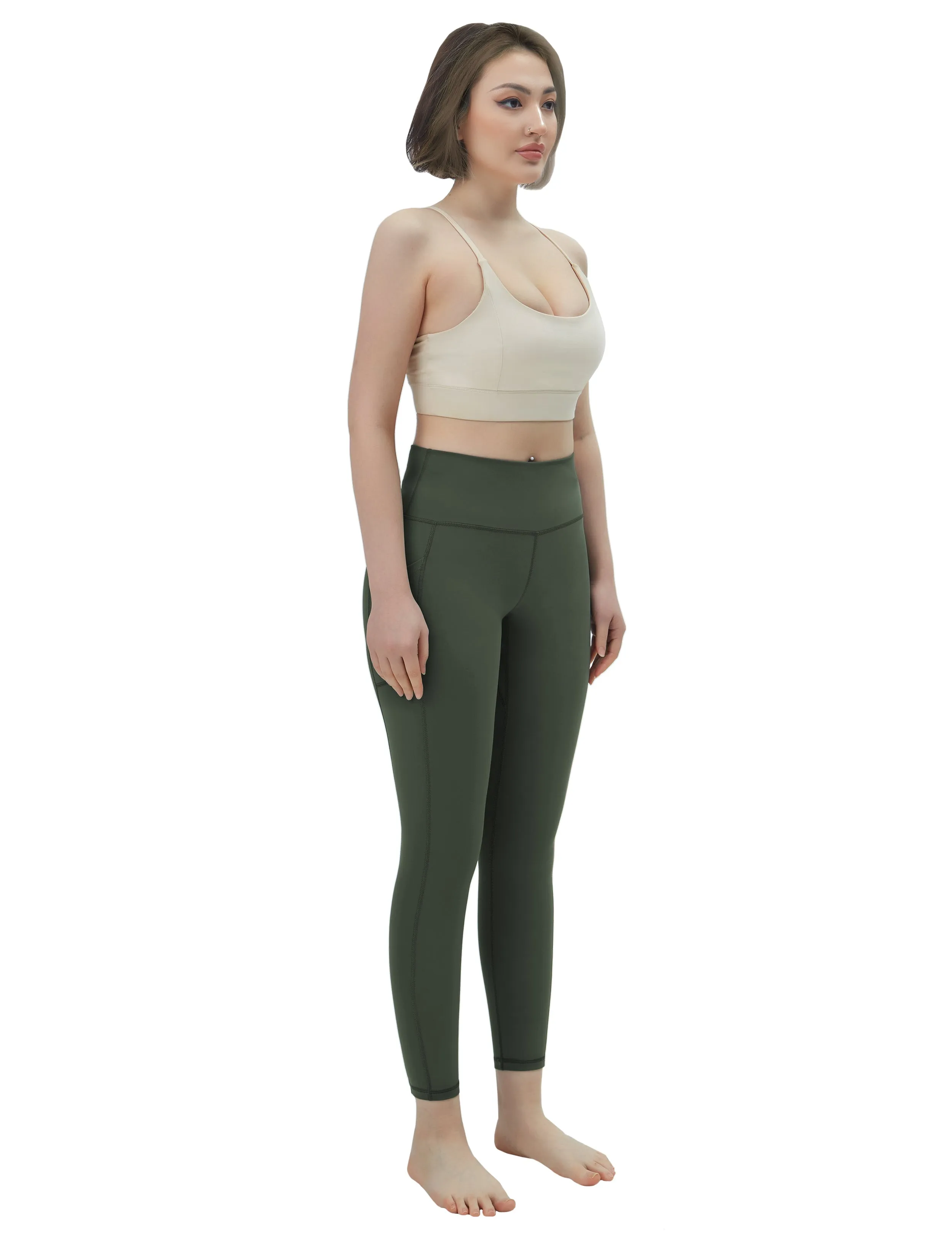 High Waisted Jogging Pants 7/8 Length Leggings with Pockets olivegreen_Jogging
