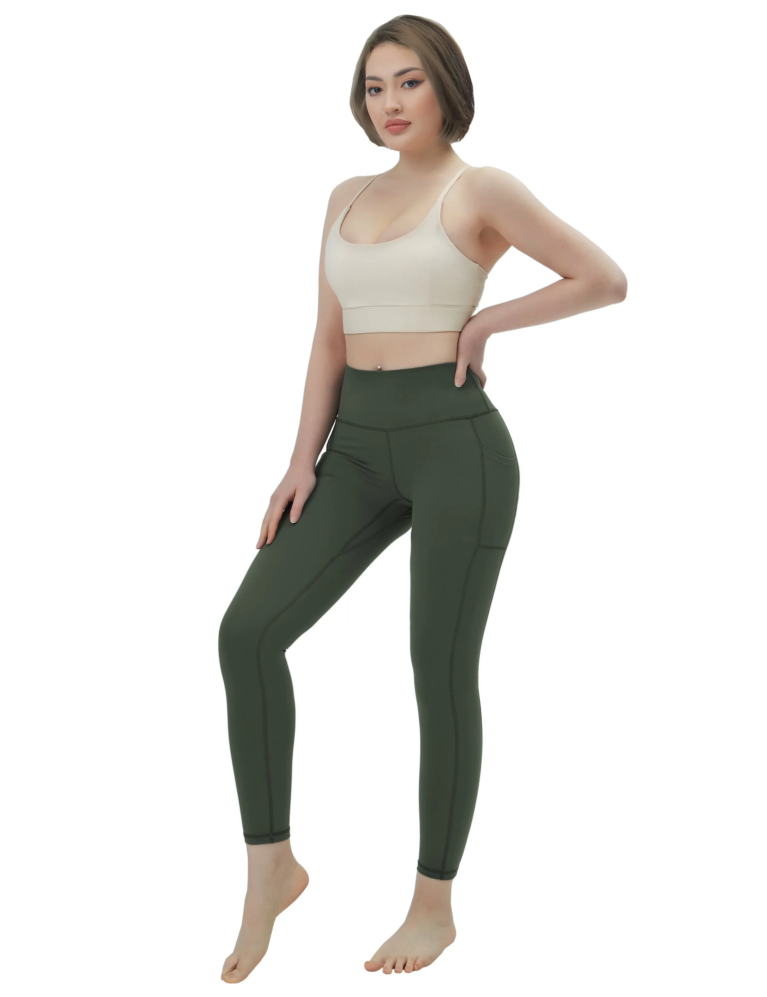 High Waisted Jogging Pants 7/8 Length Leggings with Pockets olivegreen_Jogging