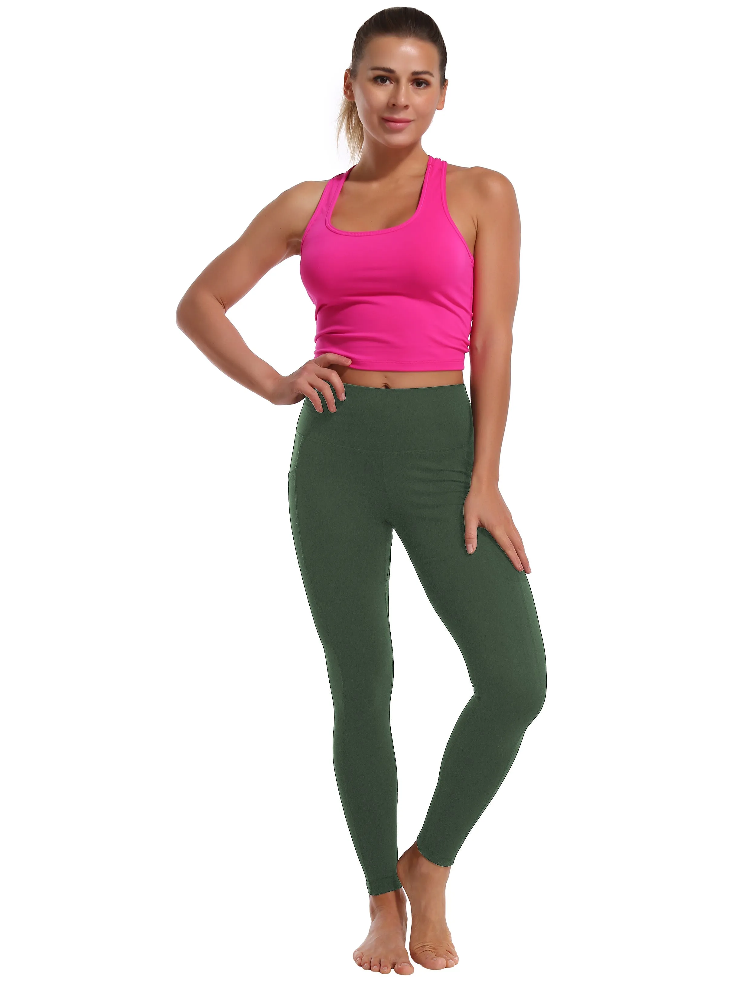 High Waisted Jogging Pants 7/8 Length Leggings with Pockets olivegreen_Jogging