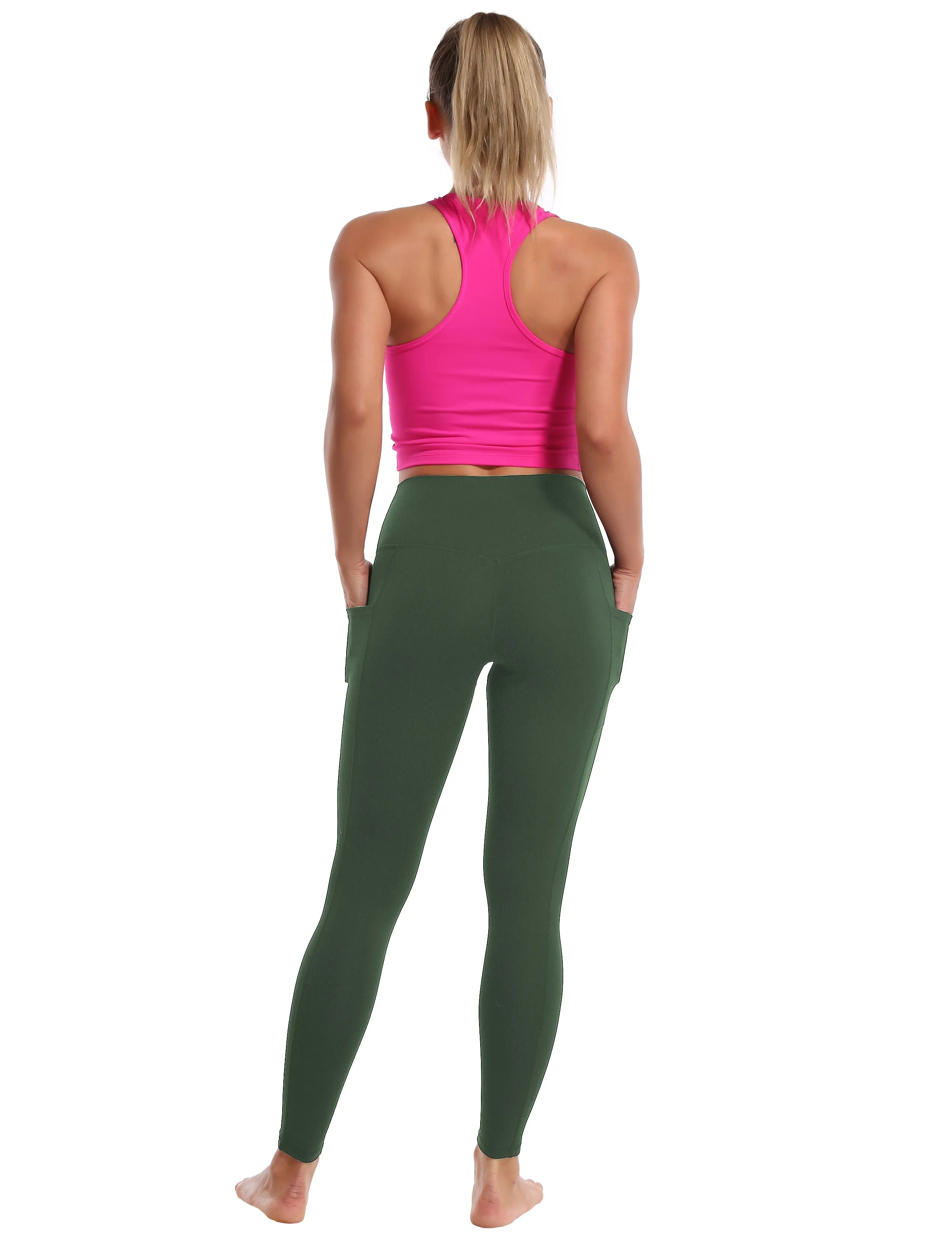 High Waisted Jogging Pants 7/8 Length Leggings with Pockets olivegreen_Jogging