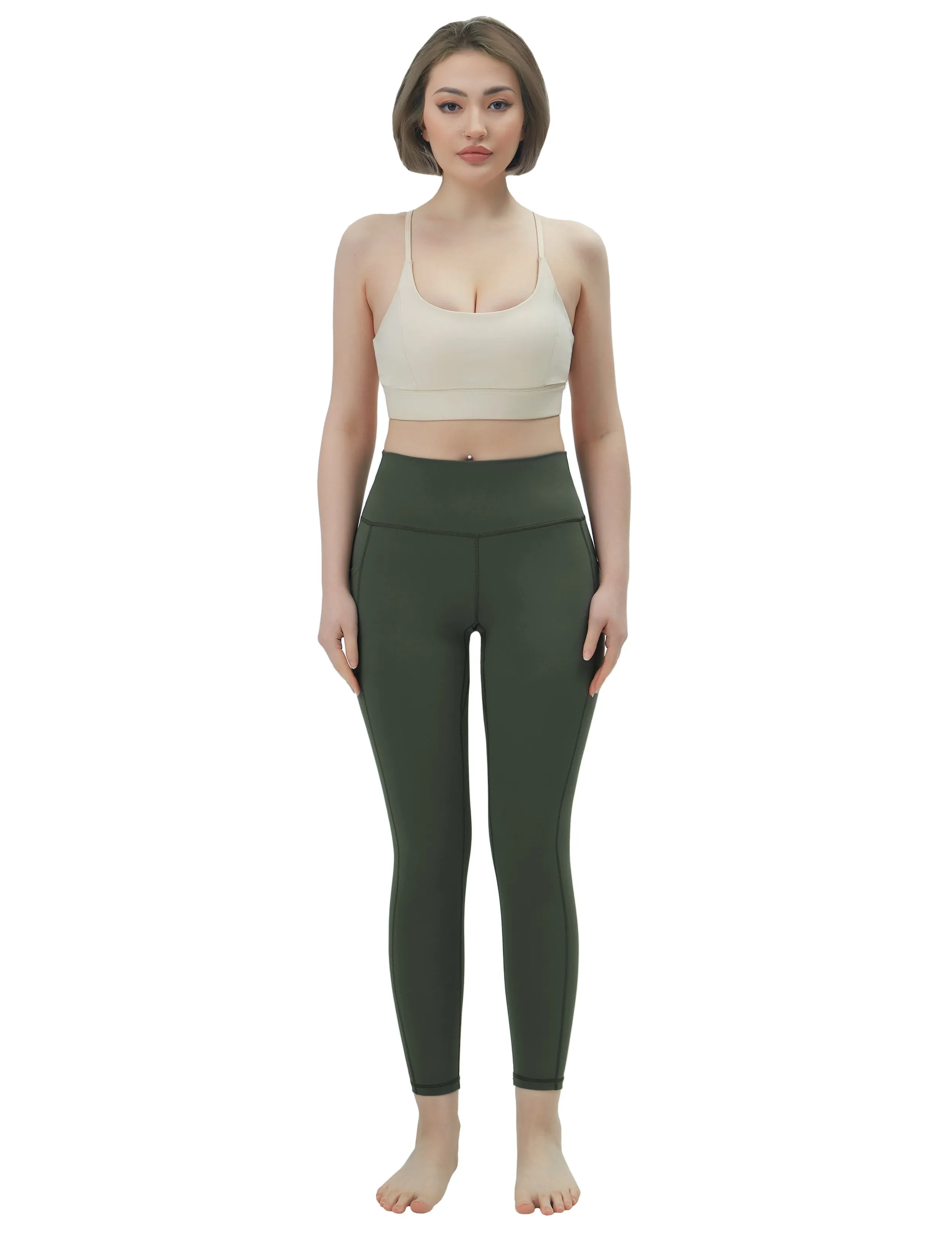 High Waisted Jogging Pants 7/8 Length Leggings with Pockets olivegreen_Jogging