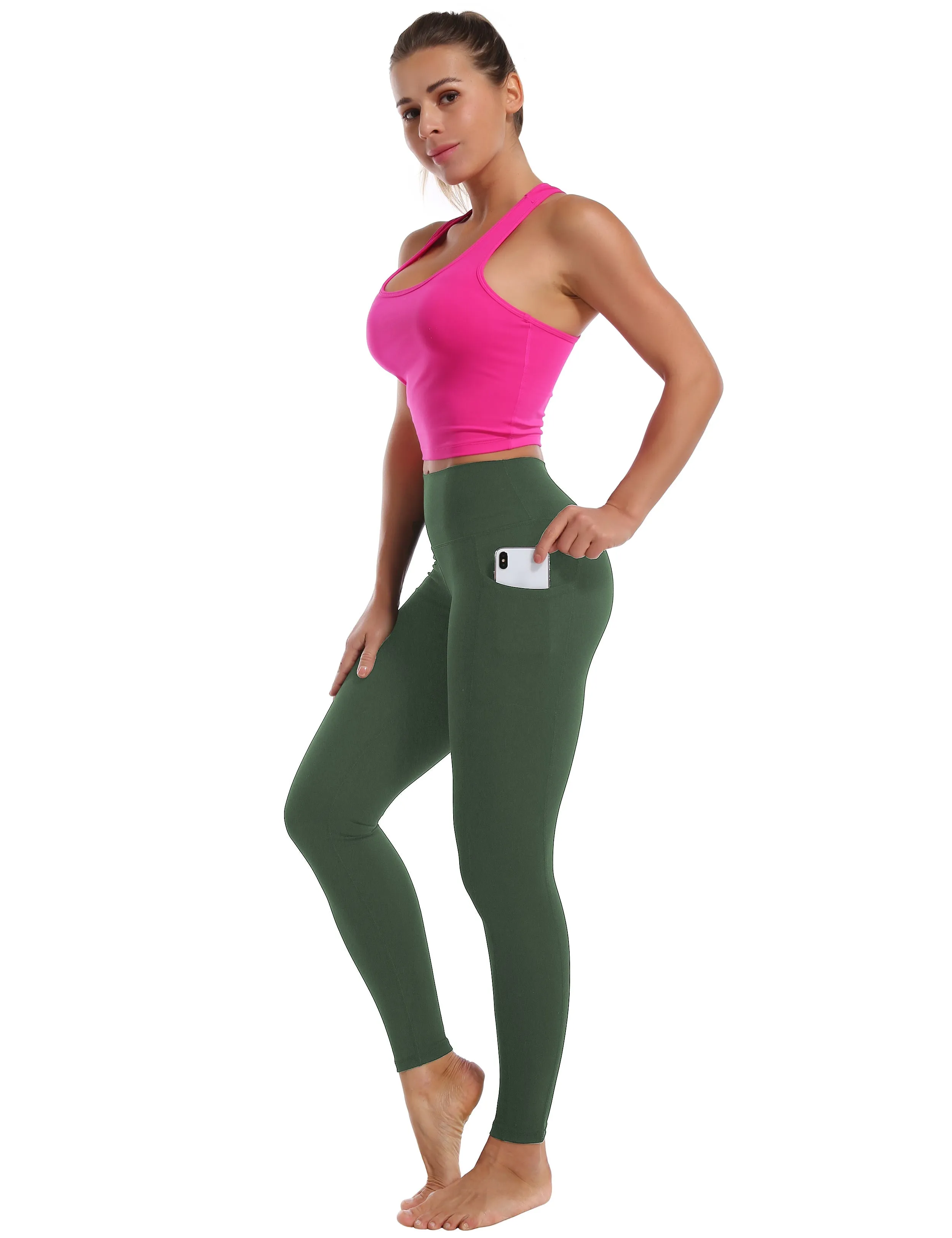High Waisted Jogging Pants 7/8 Length Leggings with Pockets olivegreen_Jogging
