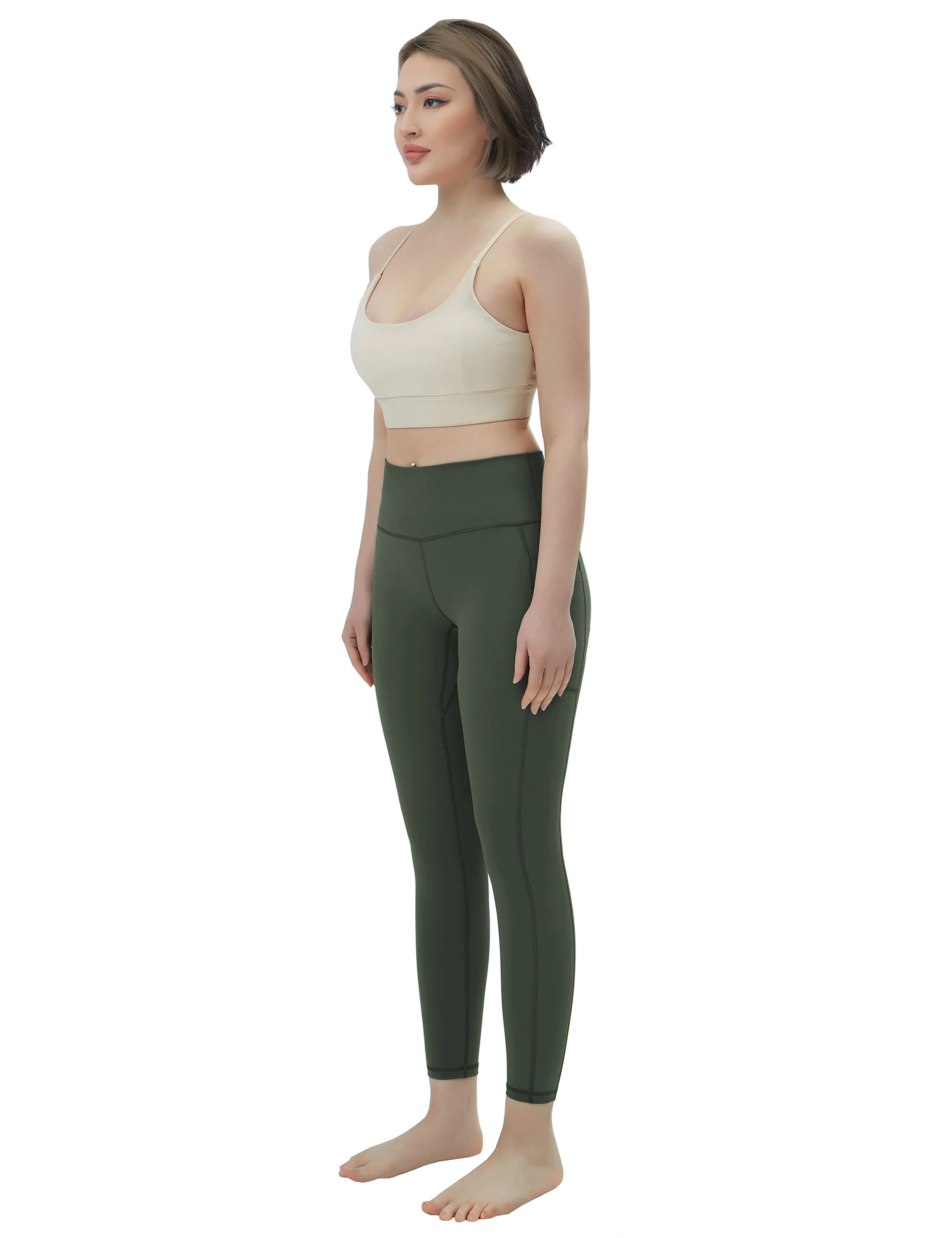 High Waisted Jogging Pants 7/8 Length Leggings with Pockets olivegreen_Jogging