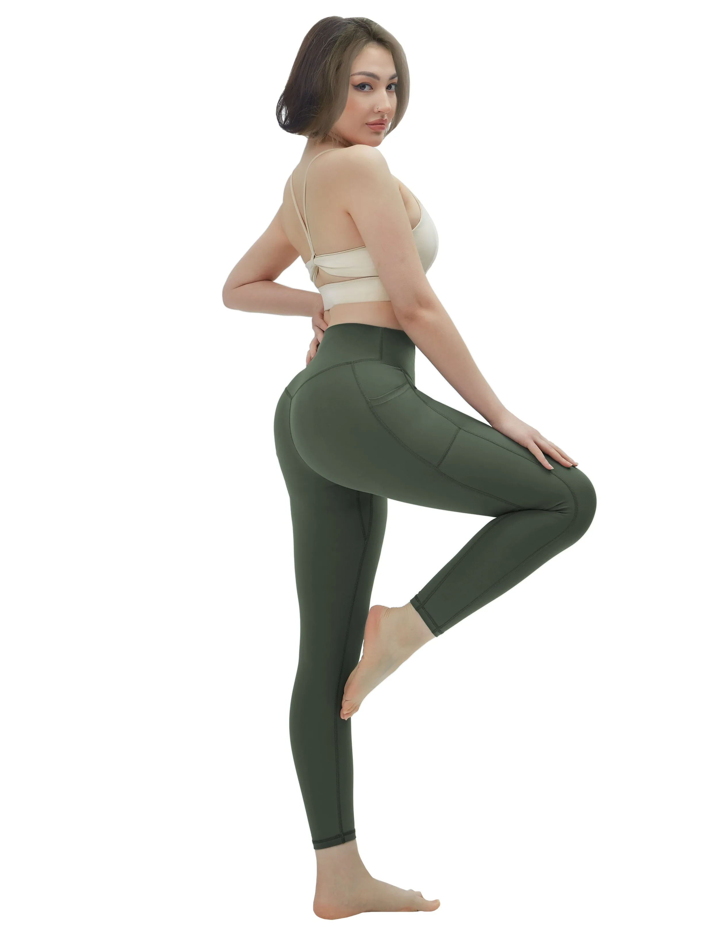 High Waisted Jogging Pants 7/8 Length Leggings with Pockets olivegreen_Jogging